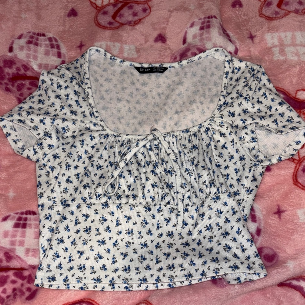 SHEIN White and Blue Floral Crop Top